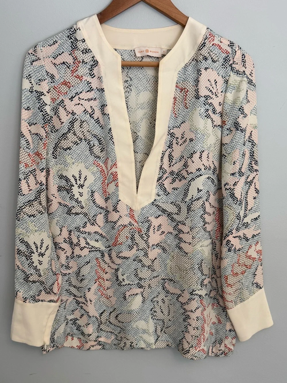 Tory Burch Silk V-Neck Tunic Blouse Abstract Floral Cream Trim Size 0